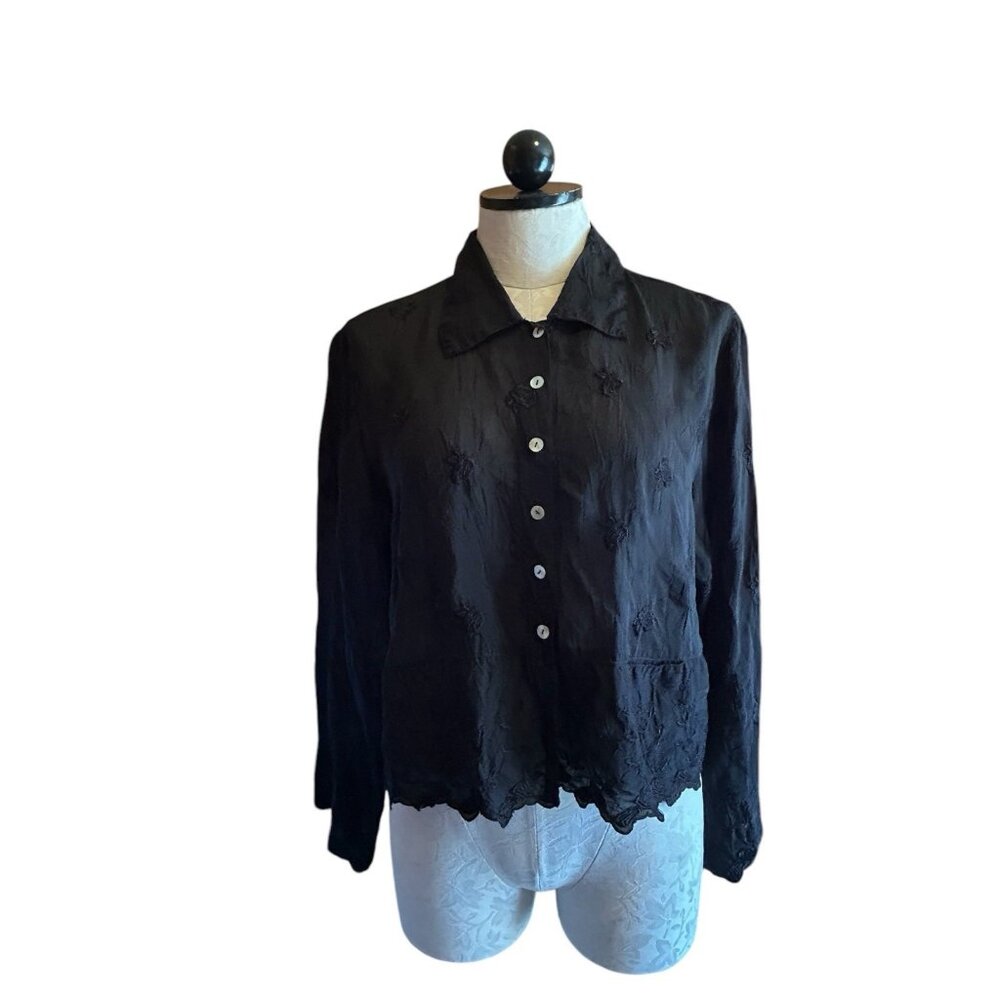Johnny Was Item Blouse Womens XS Black Lace Floral Embroidery Long Sleeve Witchy